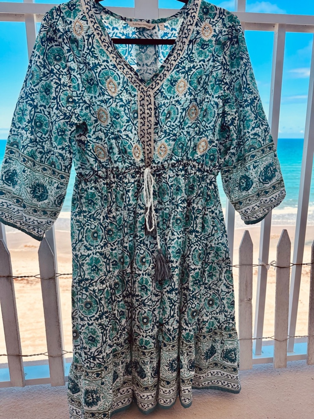 Soft Surroundings bohemian Teal and Navy Floral Dress. - Picture 3 of 8
